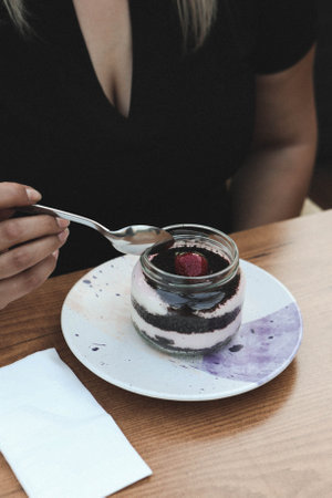 Very delicious dessert in jars, sweet and cakes in jarsの写真素材