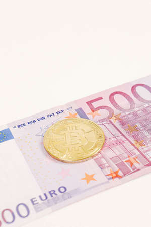 Multi Euro Dollar cash, Different type of new generation banknotes, bitcoinの写真素材