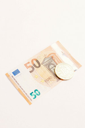 Multi Euro Dollar cash, Different type of new generation banknotes, bitcoinの写真素材