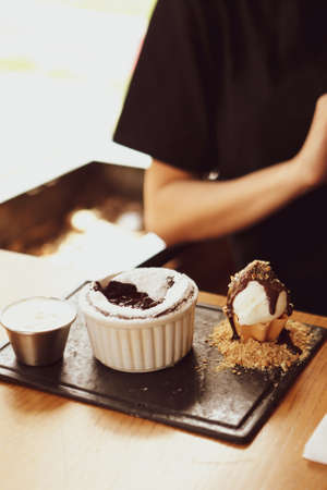Chocolate Souffle with ice creamの写真素材