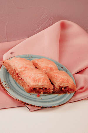 Traditional turkish dessert baklava with cashew, walnuts. Homemade baklava with nuts and honey.の写真素材