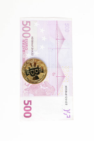 Multi Euro Dollar cash, Different type of new generation banknotes, bitcoinの写真素材
