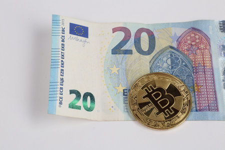 Multi Euro Dollar cash, Different type of new generation banknotes, bitcoin