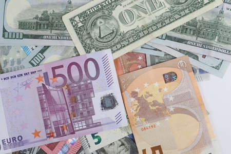 Multi Euro Dollar cash and coin, Different type of new generation banknotes, bitcoin, turkish liraの写真素材