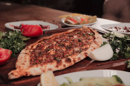 Traditional turkish baked dish pide. Turkish pizza pide, Middle eastern appetizers. Turkish cuisine. Pita with meat fillingの写真素材