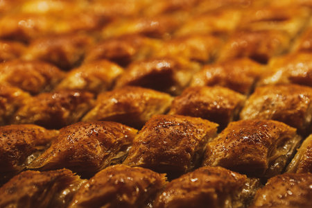 Traditional turkish dessert baklava with cashew, walnuts. Homemade baklava with nuts and honey.