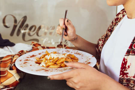 Tasty appetizing classic Italian pasta with a delicious sauce.の写真素材