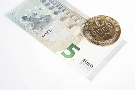 Multi Euro Dollar cash, Different type of new generation banknotes, bitcoinの写真素材