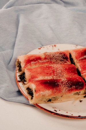 delicious layered pastry with cheese fillingの写真素材