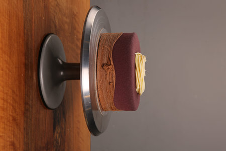 Board with delicious cake on table