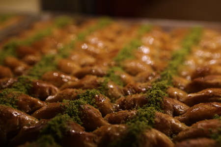 Traditional turkish dessert baklava with cashew, walnuts. Homemade baklava with nuts and honey.の写真素材