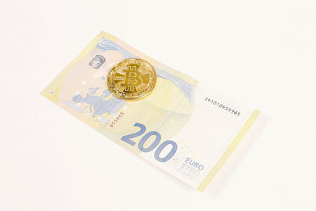 Multi Euro Dollar cash, Different type of new generation banknotes, bitcoinの写真素材