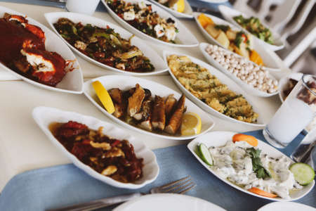 Traditional Turkish and Greek dinner appetizer tableの写真素材