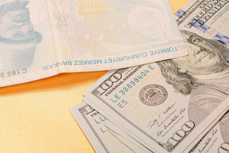 Turkish lira banknotes and US Dollars