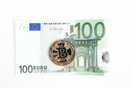 Multi Euro Dollar cash, Different type of new generation banknotes, bitcoinの写真素材