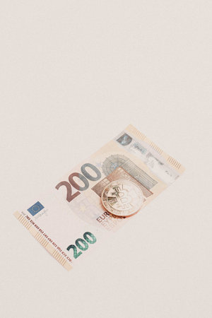 Multi Euro Dollar cash, Different type of new generation banknotes, bitcoin