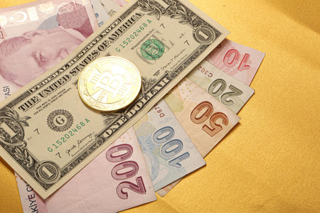 Turkish lira banknotes, US Dollars and bitcoin coin