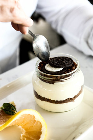 Very delicious dessert in jars, sweet and cakes in jars