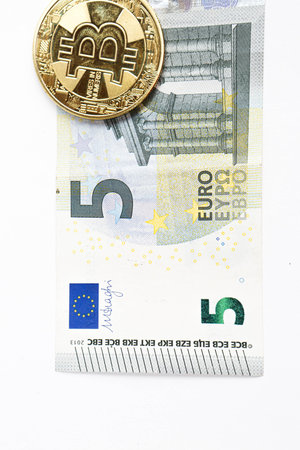 Multi Euro Dollar cash, Different type of new generation banknotes, bitcoin