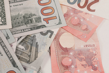 Multi Euro Dollar cash and coin, Different type of new generation banknotes, bitcoin, turkish lira