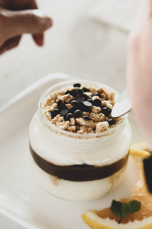Very delicious dessert in jars, sweet and cakes in jars
