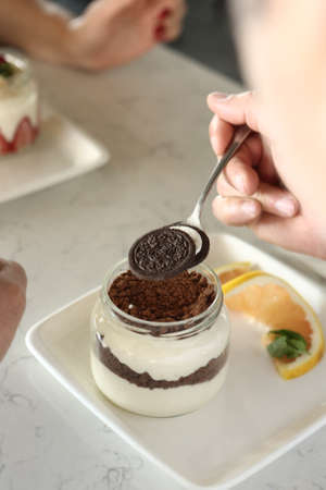 Very delicious dessert in jars, sweet and cakes in jarsの写真素材