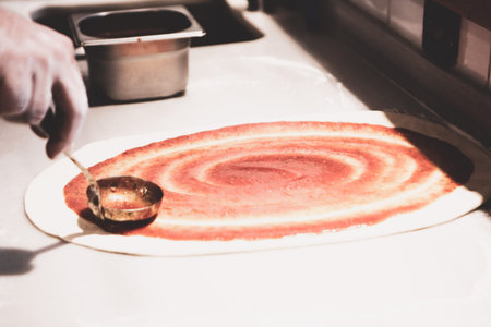 Pizza chef put sauce on base in a commercial kitchen