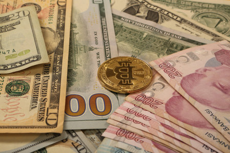 Turkish lira banknotes, US Dollars and bitcoin coin