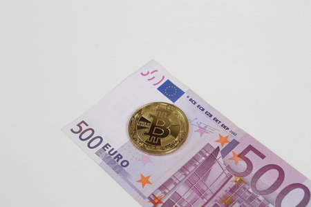 Multi Euro Dollar cash, Different type of new generation banknotes, bitcoinの写真素材