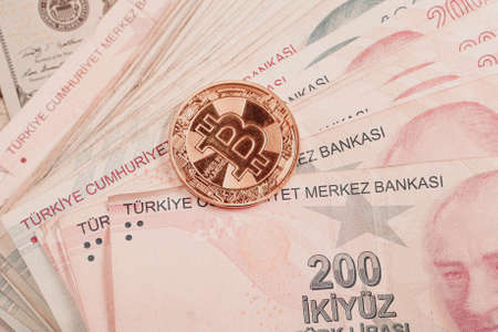 Multi Euro Dollar cash and coin, Different type of new generation banknotes, bitcoin, turkish liraの写真素材