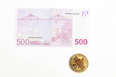 Multi Euro Dollar cash, Different type of new generation banknotes, bitcoin