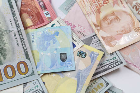 Multi Euro Dollar cash and coin, Different type of new generation banknotes, bitcoin, turkish liraの写真素材