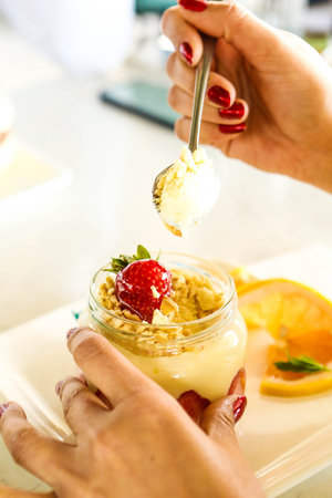 Very delicious dessert in jars, sweet and cakes in jars