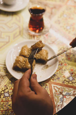 Traditional turkish dessert baklava with cashew, walnuts. Homemade baklava with nuts and honey.の写真素材