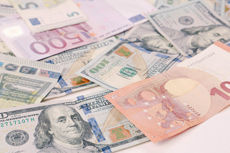 Multi Euro Dollar cash and coin, Different type of new generation banknotes, bitcoin, turkish lira