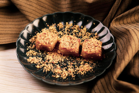 Traditional turkish dessert baklava with cashew, walnuts. Homemade baklava with nuts and honey.
