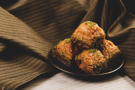 Traditional turkish dessert baklava with cashew, walnuts. Homemade baklava with nuts and honey.の写真素材
