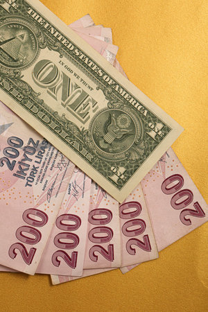 Turkish lira banknotes and US Dollars