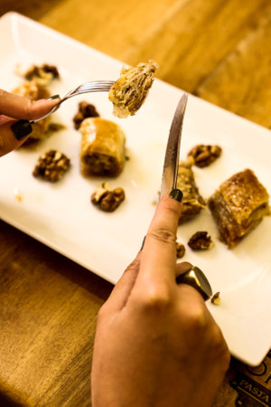 Traditional turkish dessert baklava with cashew, walnuts. Homemade baklava with nuts and honey.の写真素材