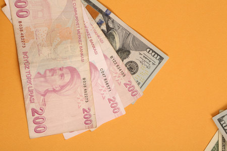 Turkish lira banknotes and US Dollars