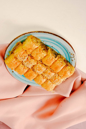 Traditional turkish dessert baklava with cashew, walnuts. Homemade baklava with nuts and honey.