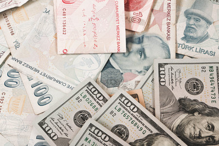 Turkish lira banknotes and US Dollars