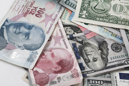 Multi Euro Dollar cash and coin, Different type of new generation banknotes, bitcoin, turkish lira
