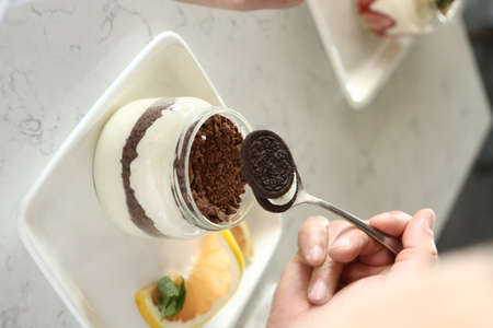 Very delicious dessert in jars, sweet and cakes in jarsの写真素材
