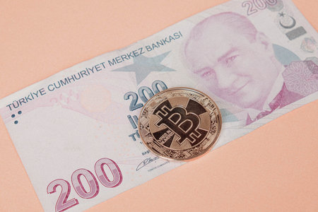 Turkish lira banknotes and bitcoin coin