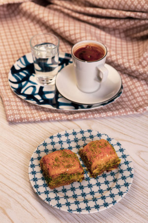 Traditional turkish dessert baklava with cashew, walnuts. Homemade baklava with nuts and honey.