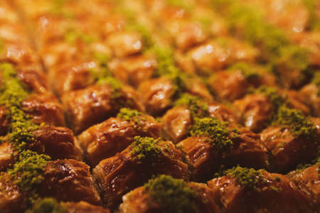 Traditional turkish dessert baklava with cashew, walnuts. Homemade baklava with nuts and honey.の写真素材