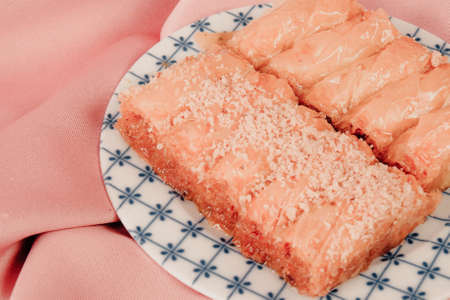 Traditional turkish dessert baklava with cashew, walnuts. Homemade baklava with nuts and honey.の写真素材