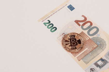 Multi Euro Dollar cash, Different type of new generation banknotes, bitcoin