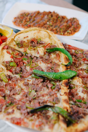 Traditional turkish baked dish pide. Turkish pizza pide, Middle eastern appetizers. Turkish cuisine....